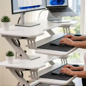 Close-up view of the two-tier layout on a schreibtischaufsatz ergonomisch 2026 separating the monitor stand and the keyboard tray.