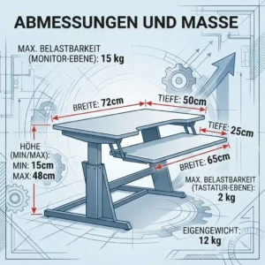 Schreibtischaufsatz höhenprofil mit detaillierter Übersicht der Abmessungen und der nutzbaren Fläche.