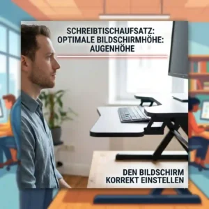 Illustration der optimalen Bildschirmhöhe und Blickrichtung auf Augenhöhe beim Schreibtischaufsatz korrekt einstellen.