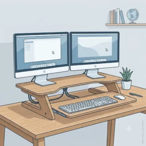 Large schreibtischaufsatz mit tastaturfach holding dual monitors on a wide wooden desk
