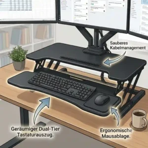 Two-tier schreibtischaufsatz triple monitor with a spacious tray for keyboard and mouse