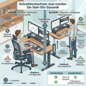 A dual-panel infographic showing a worker dynamic change from a seated position to a standing position using the same adjustable-height desk and a raised schreibtischaufsatz dual monitor.