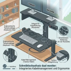 A close-up view focusing on the integrated cable trunking system at the rear and the pull-out keyboard tray of a black metal schreibtischaufsatz dual monitor, demonstrating a clean setup.