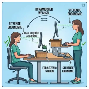 Infographic about dynamic working and switching between sitting and standing with a schreibtischaufsatz gegen nackenverspannung