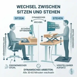 Comparison chart explaining how to alternate between sitting and standing postures following recommended schreibtischaufsatz ergonomie tipps.