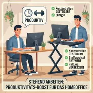 Conceptual illustration of a productivity boost at work achieved by using a schreibtischaufsatz stehen arbeiten.