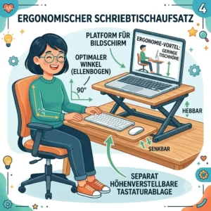 Illustration of a desk converter for a small person, featuring a separate, lowered keyboard tray for optimal typing ergonomics.