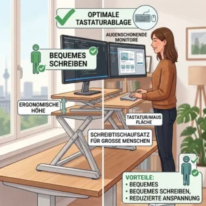 A detailed illustration of a large keyboard tray on a schreibtischaufsatz für große menschen for optimized typing comfort.