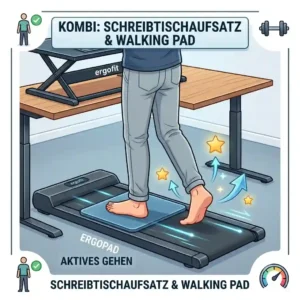 User walking on an under-desk treadmill combined with a writesreibtischaufsatz fitness.