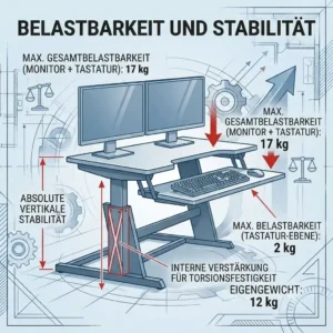 Schreibtischaufsatz höhenprofil zur Demonstration der Stabilität bei maximaler Belastung.