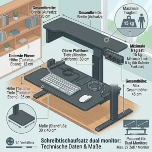A technical dimensioned illustration of a schreibtischaufsatz dual monitor with clean German annotations indicating total width, platform depth, maximum height, and weight capacity in kilograms.