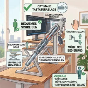 An infographic illustrating the smooth gas spring adjustment mechanism of a schreibtischaufsatz für große menschen.