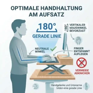 Close-up illustration of flat and relaxed wrist positioning on a desk surface, demonstrating proper schreibtischaufsatz ergonomie tipps.