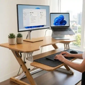 An eco-friendly schreibtischaufsatz ergonomisch 2026 crafted from sustainable bamboo and sturdy aluminum on a minimalist desk.