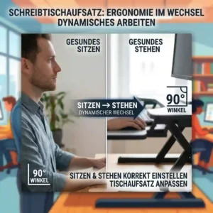 Vergleich von gesunder Sitzhaltung und Stehhaltung mit einem höhenverstellbaren Schreibtischaufsatz korrekt einstellen.