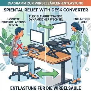 A sequence showing a user alternating between sitting and standing, a key dynamic work method enabled by a writesk converter to reduce schreibtischaufsatz rückenschmerzen.