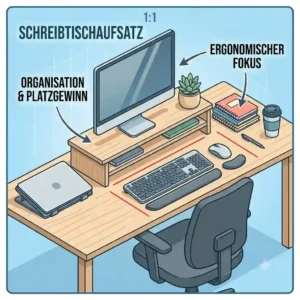 Top down isometric view of an organized ergonomic desk setup featuring a schreibtischaufsatz gegen nackenverspannung