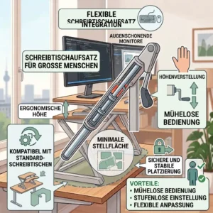 An illustration showing a schreibtischaufsatz für große menschen fitting perfectly onto a standard office desk.