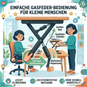 Diagram illustrating the easy-to-operate gas-spring lifting mechanism of a desk converter tailored for small persons.