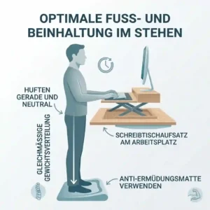 Posture diagram showcasing correct leg alignment and body weight distribution on an anti-fatigue mat as part of schreibtischaufsatz ergonomie tipps.
