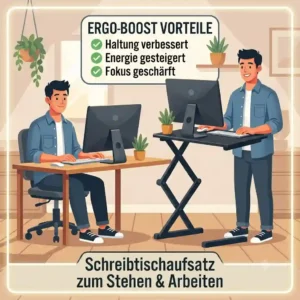 Illustration of a writespace layout with a schreibtischaufsatz stehen arbeiten separating laptop and keyboard tray
