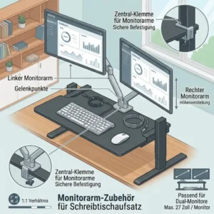 A clean, detailed diagram illustrating how articulated monitor arms accessory are mounted onto the upper platform of a central black metal schreibtischaufsatz dual monitor.