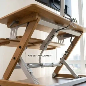 An under-desk view highlighting the built-in cable management routing system of the schreibtischaufsatz ergonomisch 2026.