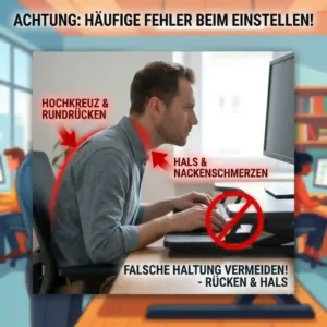 Illustration häufiger Fehler beim Schreibtischaufsatz korrekt einstellen wie Rundrücken und falsche Monitorhöhe.