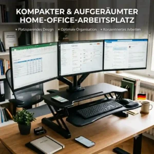 Neat home office workspace featuring a schreibtischaufsatz triple monitor
