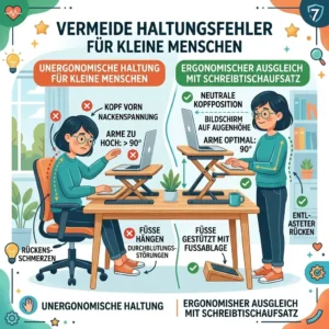 Chart showcasing common posture mistakes made by small people at a desk and how a desk converter helps correct them.