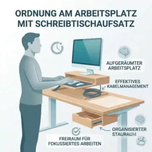 A clean, organized workspace showing effective cable management and storage space using schreibtischaufsatz ergonomie tipps.