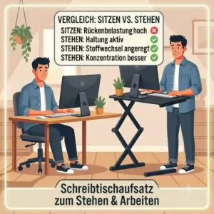 Before and after comparison chart showing a flexible schreibtischaufsatz stehen arbeiten setup for sitting versus standing.