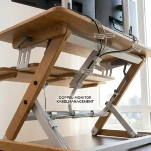 A wide and heavy-duty schreibtischaufsatz ergonomisch 2026 stably supporting a dual-monitor setup for multitasking.