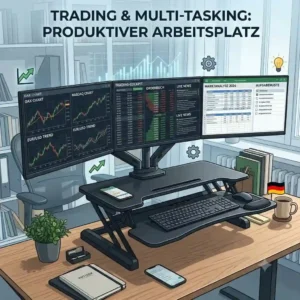 schreibtischaufsatz triple monitor setup used for trading and productive multitasking