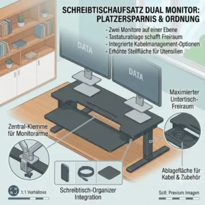 A comprehensive exploded-view diagram highlighting the space-saving and organizational benefits of a schreibtischaufsatz dual monitor, including maximized under-desk free space and surface utility.
