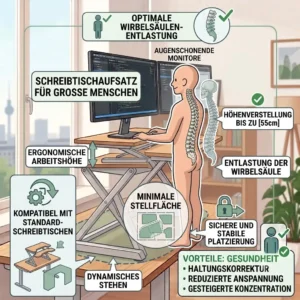 An illustration of the health benefits, specifically spine and neck relief, from using a schreibtischaufsatz für große menschen.