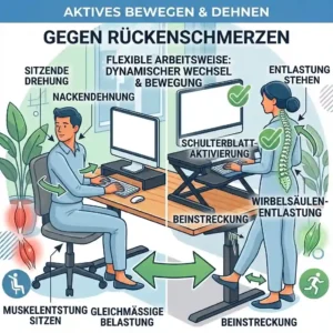 An office worker performing light stretching exercises while standing at a writesk converter to alleviate writesk converter schreibtischaufsatz rückenschmerzen.